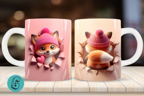 3D Fox Valentine Mug Wrap 2 Sided (09): Creative Design Asset