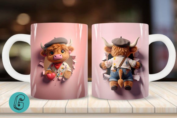 3D V-day Artist Highland Cow Mug Wrap 06: Creative Download