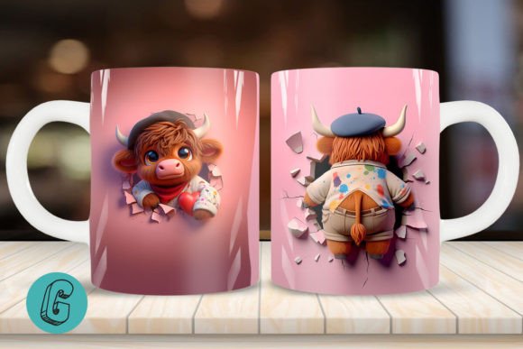 3D V-day Artist Highland Cow Mug Wrap 08: Creative Design Asset